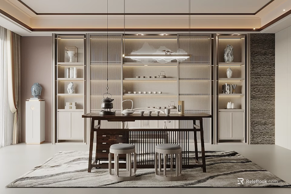 Modern Tea Room Interior With Wooden Tea Table Stools And Glass Display Cabinets 3d model 