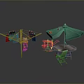 Outdoor Backyard Setup With Clothesline Umbrella Table And Garden Tools