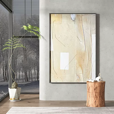 Interior Wall Art Decor With Green Plant And Wooden Stool Decoration 3d model