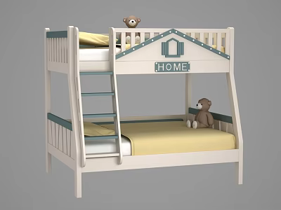 White Bunk Bed With Green Accents Yellow Mattress House Shaped Decor And Teddy Bears 3d model