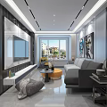 Modern Living And Dining Room Interior With Gray Sofa Round Coffee Table And TV Wall