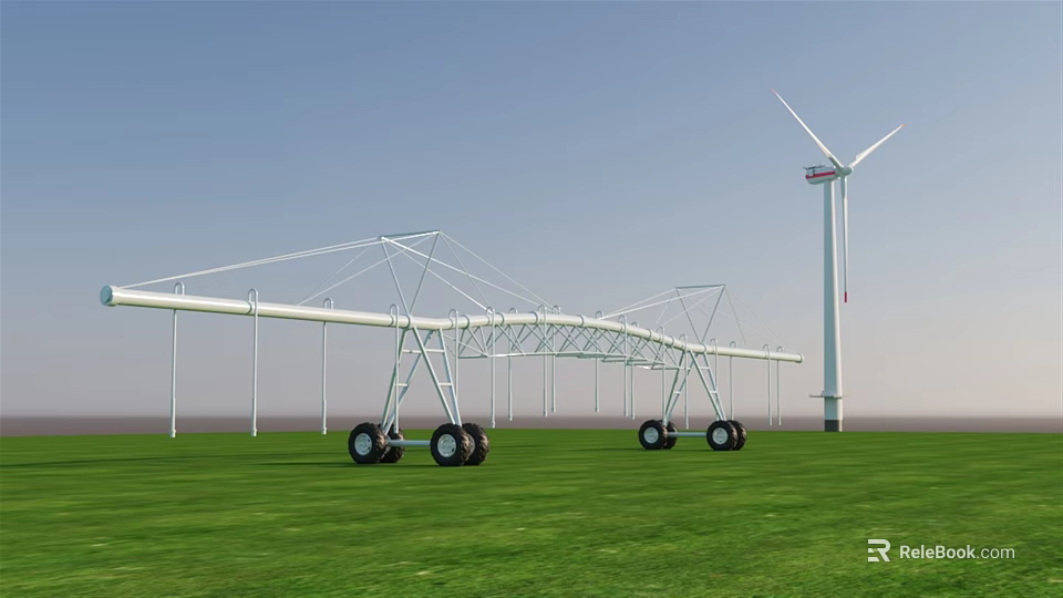 Agricultural Functional Vehicle for Field Irrigation on Green Grassland With Wind Turbine 3d model 