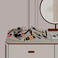 White Dressing Table with Gold Handles Marble Top and Round Gold Frame Mirror Makeup Brushes