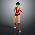 3D Character Model Wearing Red Costume With Golden Accents Barefoot In Standing Pose
