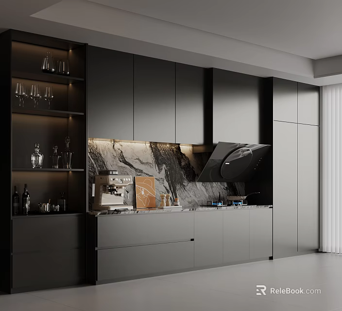 Modern Minimalist Dark Grey Side Cabinet With LED Lit Display Shelves For Upscale Home Kitchen 3d model 