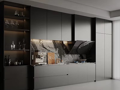 Modern Minimalist Dark Grey Side Cabinet With LED Lit Display Shelves For Upscale Home Kitchen 3d model