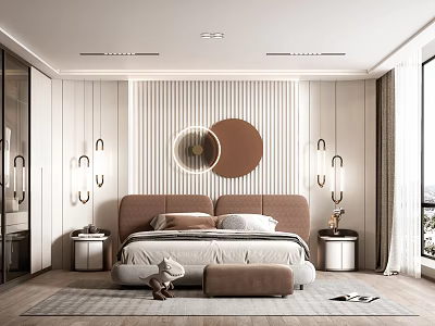 Modern Bedroom Interior Design With Brown Headboard Round Decorative Wall And Pendant Lights 3d model