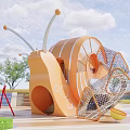 Colorful Children's Playground With Large Orange Spinning Structure And Lush Green Trees