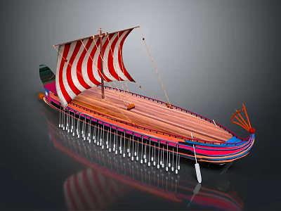 Traditional Sailboat With Red And White Striped Sail Wooden Deck And Colorful Hull 3d model