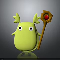 Cute Green Creature Character With Horns Holding Wooden Staff With Red Orb On Dark Background