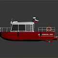 Red And White Boat With Deck Railings Cabin Structure And Top Antenna Equipment