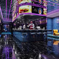 Modern Bar Interior Design With Purple Lighting Mirrored Ceiling Bar Counter And Seating