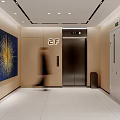Modern Hotel Corridor With 2nd Floor Elevator Wall Artwork Ceiling Lighting And White Floor Tiles 3d model