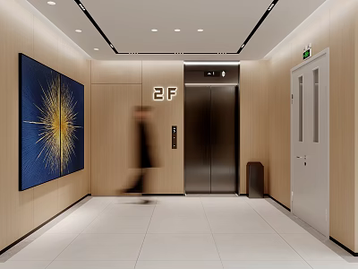 Modern Hotel Corridor With 2nd Floor Elevator Wall Artwork Ceiling Lighting And White Floor Tiles 3d model