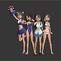 Four Anime Style Game and Movie Characters with Various Outfits and Cat Paw Gloves