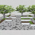 Tree Planters Design With Trees Benches And Stone Tile Pavement 3d model