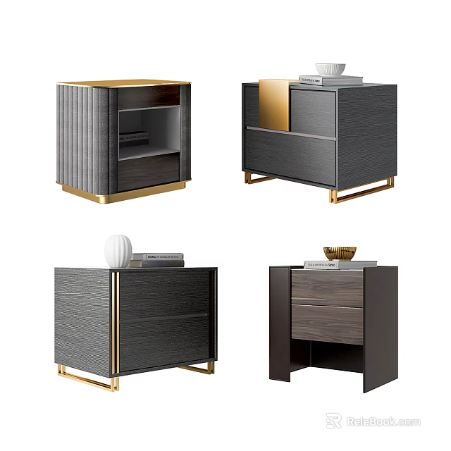 Modern Nightstands Featuring Wooden Design Gold Accents Storage Drawers And Open Shelves 3d model 