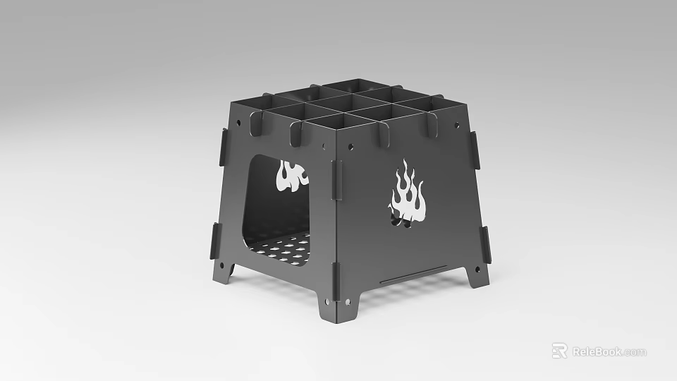 Portable Black Metal Fire Pit With Foldable Legs And Flame Cutout Design For Outdoor Use 3d model 