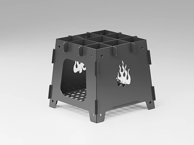 Portable Black Metal Fire Pit With Foldable Legs And Flame Cutout Design For Outdoor Use 3d model