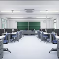 Modern Computer Classroom Interior With Neat Desks Computers Green Blackboard Windows And Lighting 3d model