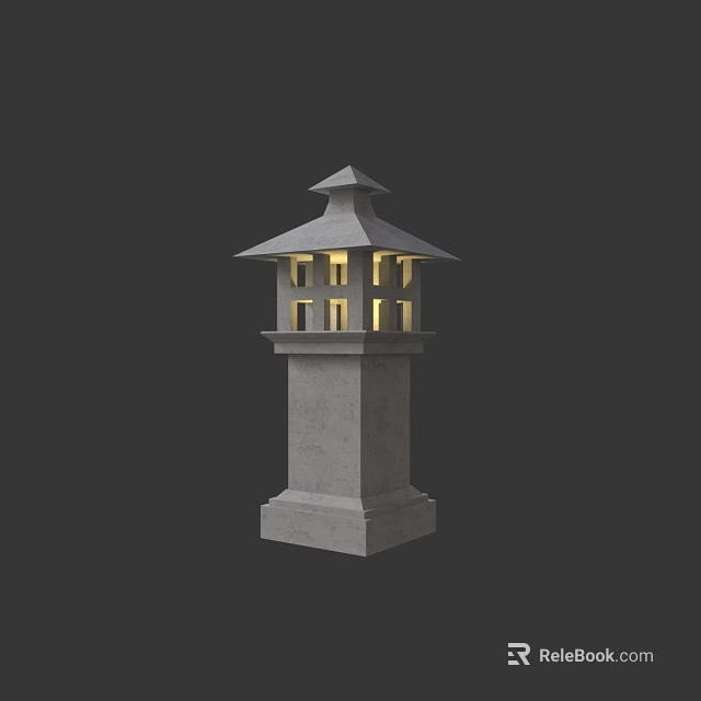 Outdoor Stone Pillar Lantern With Pagoda Style Top And Illuminated Windows 3d model 