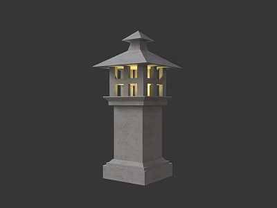 Outdoor Stone Pillar Lantern With Pagoda Style Top And Illuminated Windows 3d model