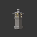 Outdoor Stone Pillar Lantern With Pagoda Style Top And Illuminated Windows