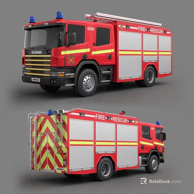 Red Fire Rescue Vehicle With Yellow Stripes Emergency Lights And Rescue Equipment 3d model 
