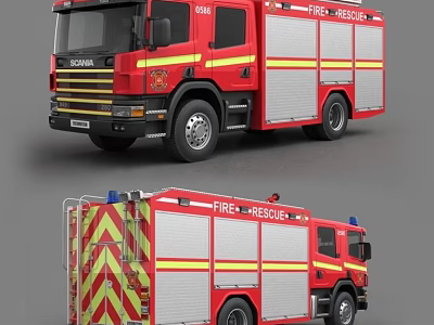 Red Fire Rescue Vehicle With Yellow Stripes Emergency Lights And Rescue Equipment 3d model