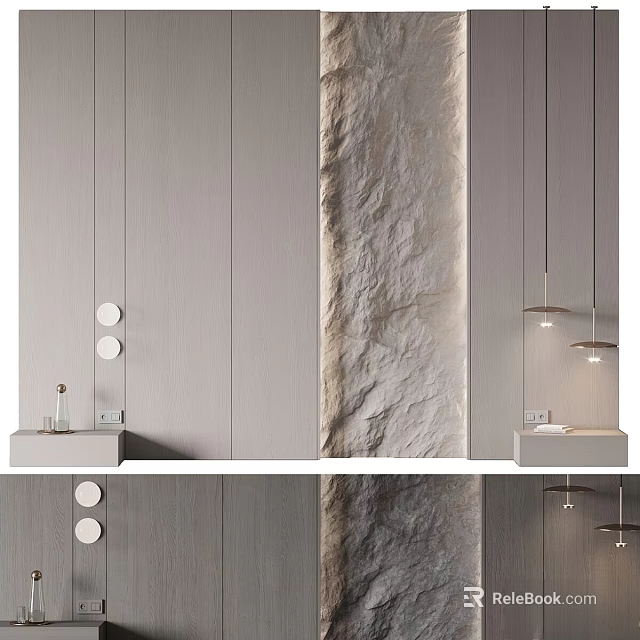 Modern Luxury Bathroom with Gray Walls Stone Texture Accent Round Mirrors and Pendant Lights 3d model 