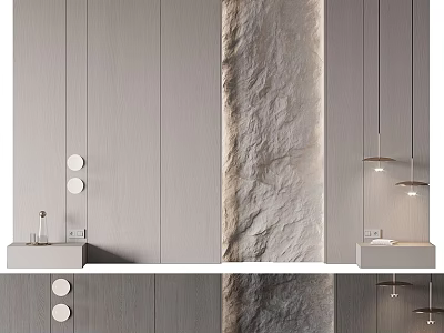 Modern Luxury Bathroom with Gray Walls Stone Texture Accent Round Mirrors and Pendant Lights 3d model