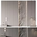 Modern Luxury Bathroom with Gray Walls Stone Texture Accent Round Mirrors and Pendant Lights