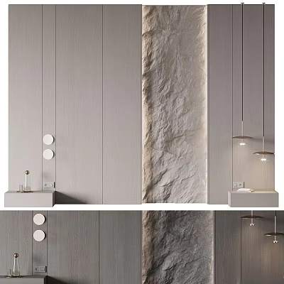 Modern Luxury Bathroom with Gray Walls Stone Texture Accent Round Mirrors and Pendant Lights 3d model