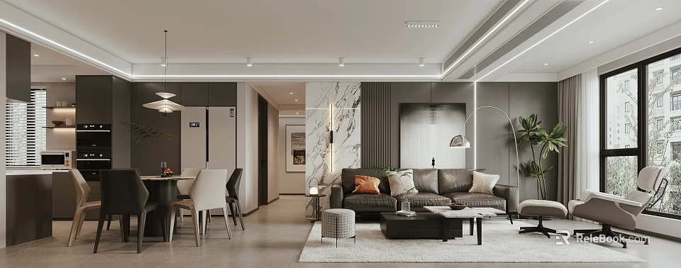 Modern Living And Dining Room Interior With Sofa Dining Table And Area Rug 3d model