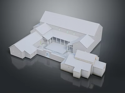 Architectural Model With Gabled Roofs Open Courtyard And Connected White Structures 3d model