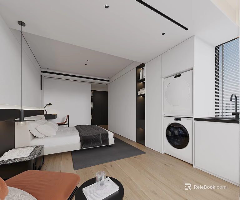 Modern Bedroom Interior With Bed Nightstand Wardrobe Window And Wooden Floor Layout 3d model 