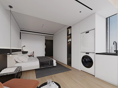 Modern Bedroom Interior With Bed Nightstand Wardrobe Window And Wooden Floor Layout 3d model