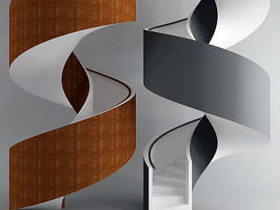 Spiral Staircases Featuring Brown Wooden Paneling And Modern White Gray Curved Design 3d model