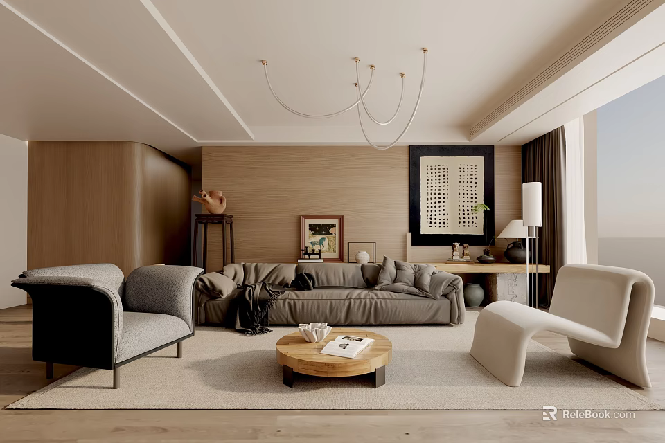 Modern Living Room with Gray Sofa Wooden Coffee Table Chandelier and Floor to Ceiling Windows 3d model 