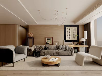 Modern Living Room with Gray Sofa Wooden Coffee Table Chandelier and Floor to Ceiling Windows 3d model