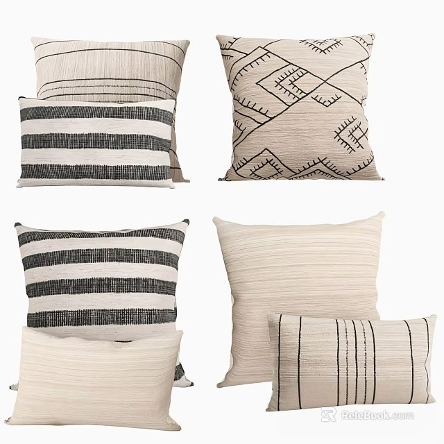 Beige And Gray Striped Pillows With Geometric Patterns For Home Decor 3d model 