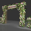 Elegant Event Gateway Decorated With Pink White Flowers Greenery And Golden Frame With Company Logo