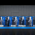 Activity Exhibition Wall With Blue Panels Informative Text Gray Wall Background And Standing Human Models
