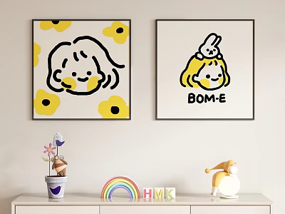 Minimalist Character Paintings With Rabbit Yellow Flowers And BOM B Text For Home Decor 3d model