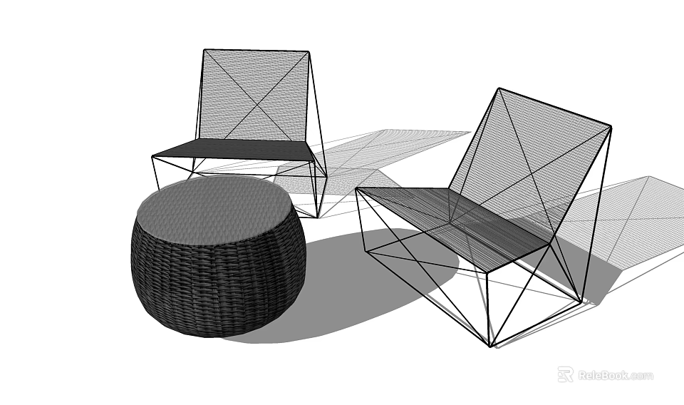 Modern Geometric Frame Chairs And Round Woven Table Set For Outdoor Use 3d model 