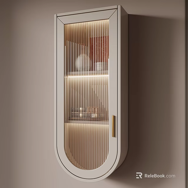 Modern Cream Style Wall Mounted Storage Cabinet With Fluted Glass And Warm Built In Lights 3d model 