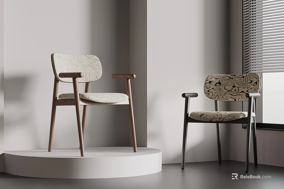 Modern Accent Chairs Featuring Wooden Arms Textured Fabric and Black Metal Legs with Patterned Design 3d model 