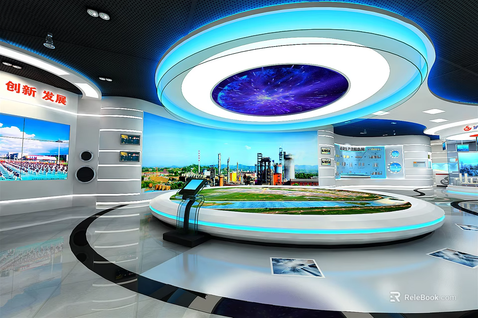 Modern Exhibition Hall Interior With Circular Display Platform And Blue Lighting 3d model