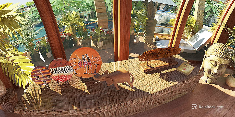Decorative Ornament Set with Elephant Figurine and Patterned Plates on Wicker Tabletop 3d model 