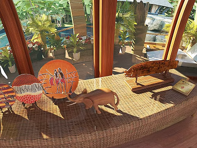 Decorative Ornament Set with Elephant Figurine and Patterned Plates on Wicker Tabletop 3d model